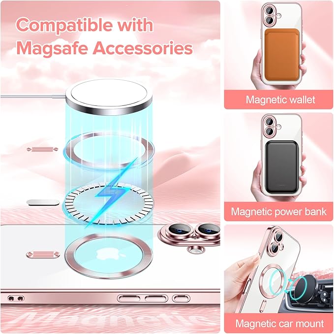 Hython Magnetic Clear for iPhone 17 Case with Camera Lens Protector [Compatible with MagSafe] Luxury Plating Edge Slim Soft TPU Cover Protective Phone Case for iPhone 17 6.3", Pink