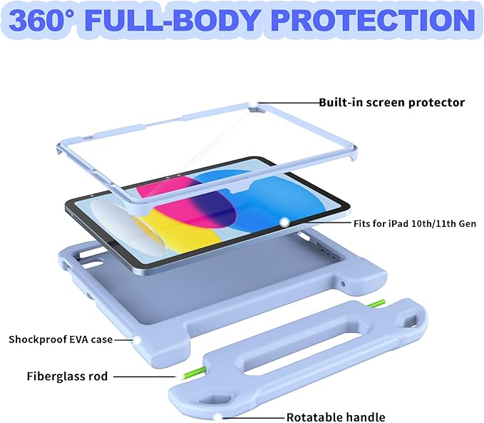 YIHE Kids Case for iPad (A16) 11th Generation 11 Inch 2025 & iPad 10th Generation 10.9 inch 2022, with Built-in Screen Protector and Handle Stand, Full Body Shockproof Protective Cover, LightBlue
