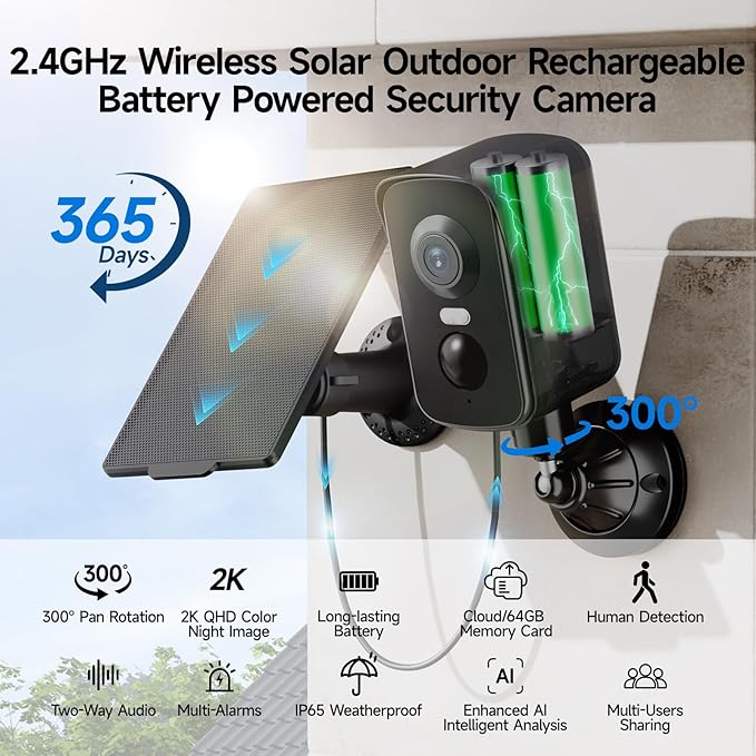 Ediloca Security Camera Wireless Outdoor, 2K Pan Rotating 300° Solar Panel Battery Powered WiFi Camera with PIR Human Detection, Color Night Vision, 2-Way Audio, Alarm, Cloud/64GB Memory Card Storage