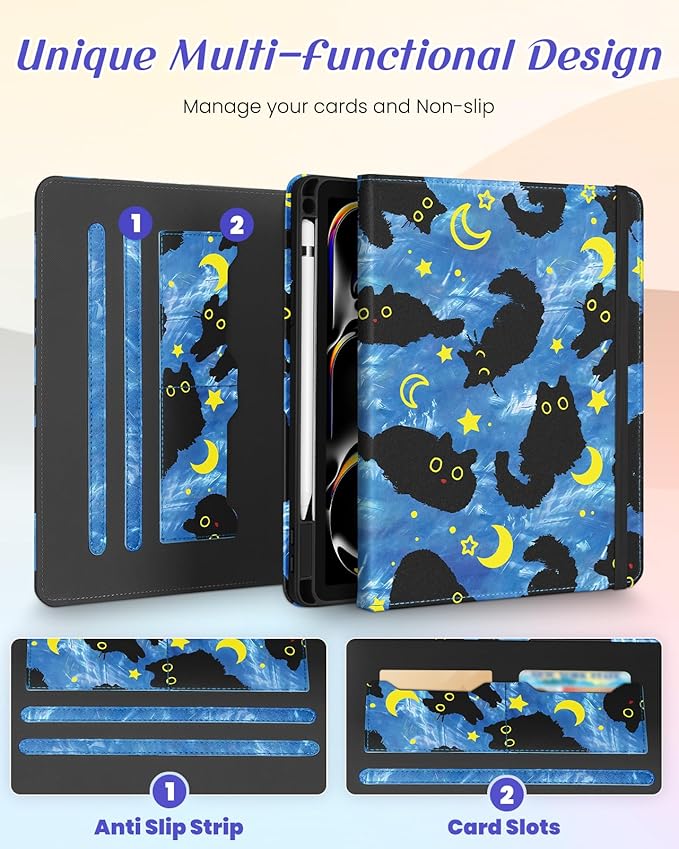 Kidcube for iPad Pro 11 Inch Case M4 2024 5th Generation - Women Girls Cute Rotating Stand Folio Cover with Pencil Holder & Card Slot Girly Cat Stars Blue Design for iPad Pro 11'' Case 2024 M4 5th Gen