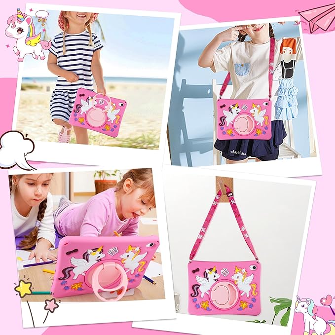 HianDier for iPad A16 Case 11th 2025 iPad 10th Generation Case for Kids Cute Unicorn Silicone Tablet Cover with Detachable Strap and Rotatable Stand Shockproof Cover for iPad 11inch 10.9inch-Rose Pink