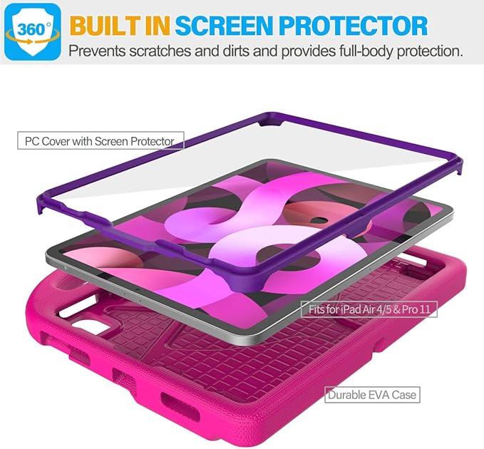 SUPLIK Kids Case for iPad Air 5th/4th Generation (10.9 inch,2022/2020), Built with Screen Protector, iPad Air 5 Kidproof Case with Handle Stand for Apple iPad Air 4/5&Pro 11 Old Version, Pink&Purple