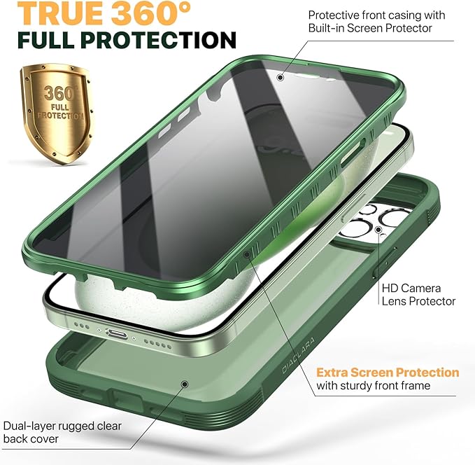 Diaclara Designed for iPhone 15 Case, Full Body Rugged Case with Privacy Built-in Touch Sensitive Anti-Scratch Screen Protector, with Camera Lens Protector for iPhone 15 6.1",Frosted Green