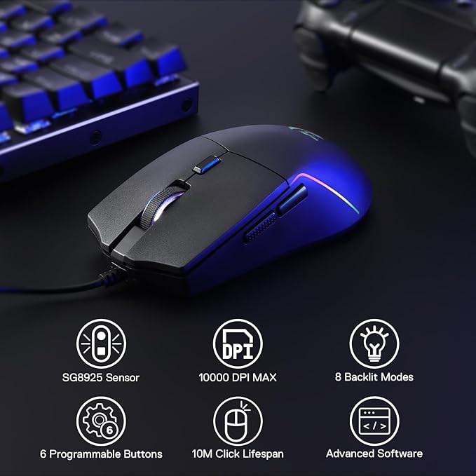 Redragon M730 Wired RGB Gaming Mouse, 10000 DPI Lightweight Optical Mouse with 6 Programmable Buttons, Software Supports DIY Keybinds for PC Computer Windows Mac Laptop, Black