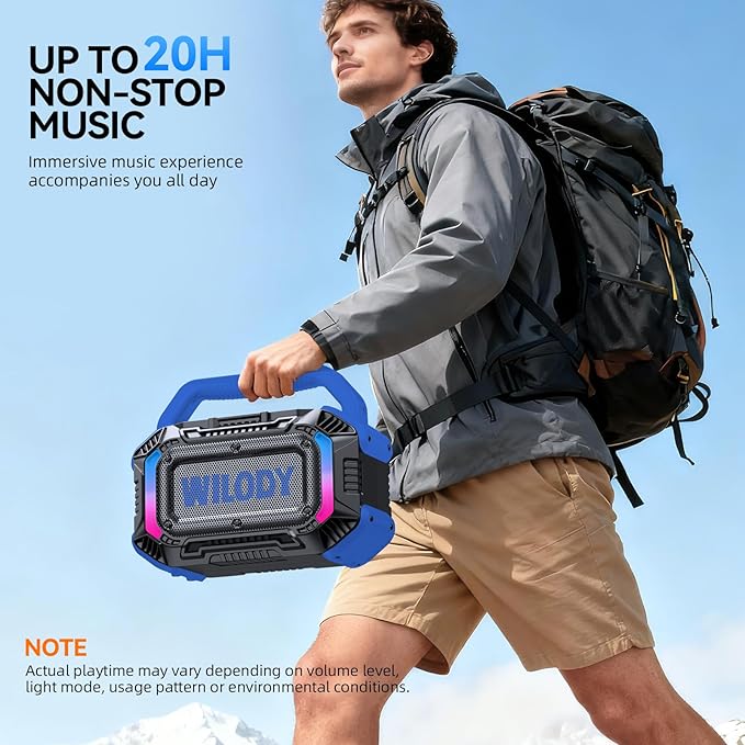 Wilody Speakers Bluetooth Wireless, 100W Loud Outdoor Speaker with Bass, IPX7 Waterproof Floatable, 20H Playtime, Wireless Charge, TWS, RGB Light, Portable Speaker for Work, Garage, Outdoor (Blue)