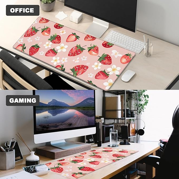 Strawberry and Floral Gaming Mouse Pad – 12x31.5in Non-Slip Rubber Desk Mat with Cute Fruit Design – Large Extended Mousepad for Office Home – Deskmat Gifts for Food and Kawaii Lovers Decor