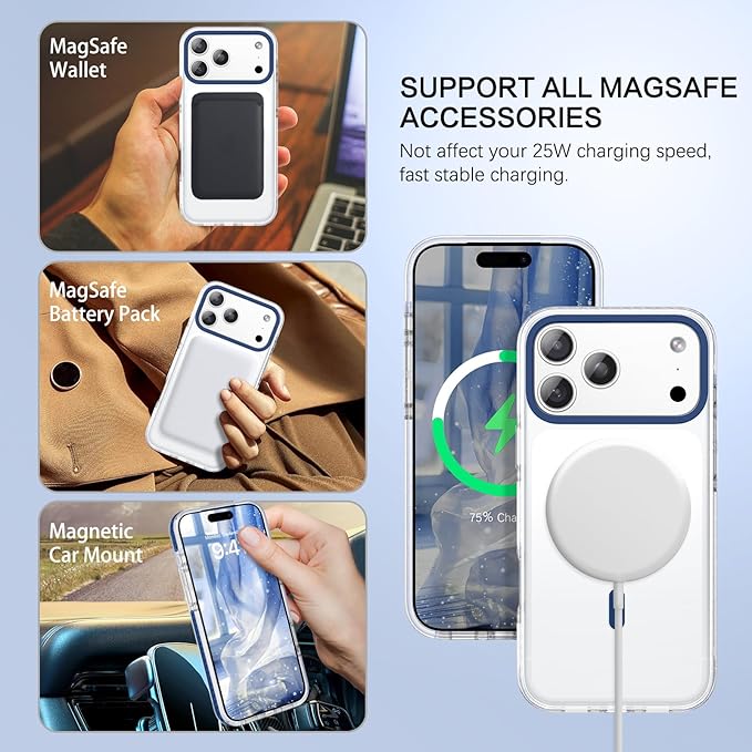 BENTOBEN Magnetic for iPhone 17 Pro Case 6.3", Compatible with Magsafe Military Shockproof Protective Cute Transparent Slim Anti-Yellowing Phone Case for iPhone 17 Pro Cover, Clear Deep Blue