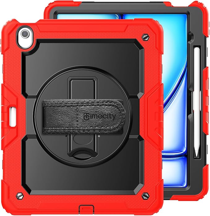 timecity for iPad Air 13 Inch Case M4 2026/ M3 2025/ M2 2024, 360° Rotating Stand, Pencil Holder & Wireless Charging, Shockproof with Screen Protector & Shoulder Strap - for Designers, Red