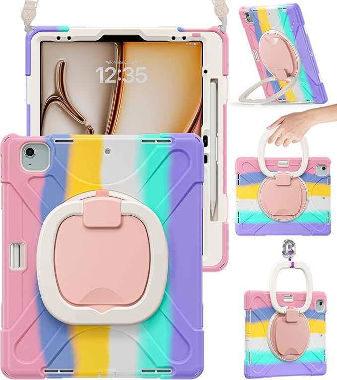 BRAECN for iPad Air 13 Inch Case M4 2026/M3 2025/M2 2024 & iPad Pro 12.9 Case (6th/5th4th/3rd Gen), Heavy Duty Silicone Cover with 360° Swivel Kickstand, Shoulder Strap, Pencil Holder, Colorful Pink