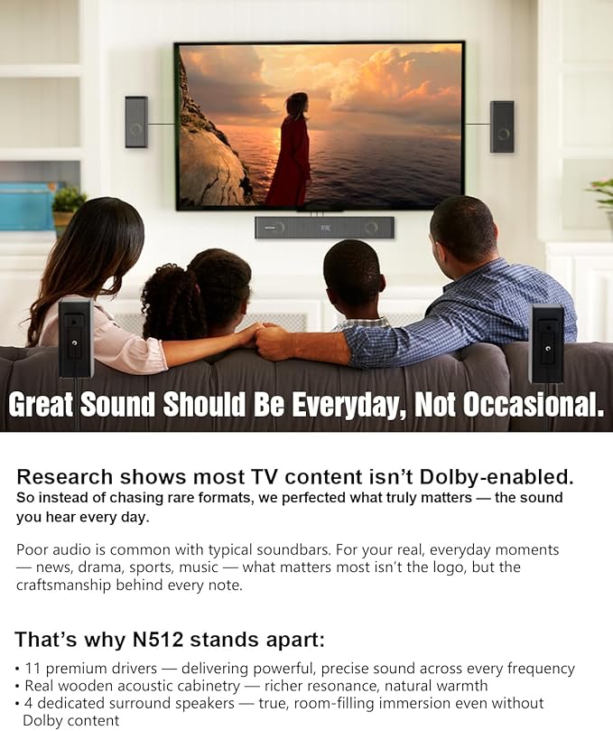 Wooden 5.1.2 Virtual Surround Sound System, 4 Surround Speakers Wired, 400W Peak Power, Sound Bars for Smart TV w/Subwoofer, 5.25'' Deep Bass, Home Theater TV System, ARC/Opt/BT/AUX