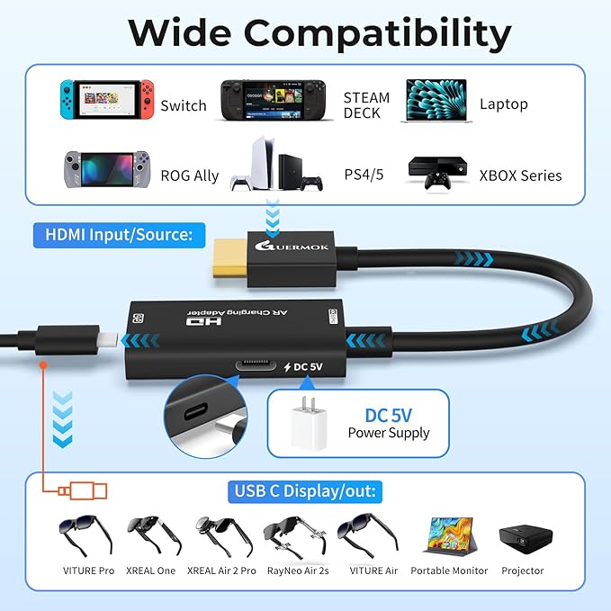 Guermok HDMI to USB C Video Display Adapter, 4.9ft AR Glasses Hub, 4K@60Hz HDMI Male to USBC Female for XREAL One/Air 2 Pro/RayNeo/Rokid, Switch 2/1, Xbox1, PS4/5, Portable Monitors, Black