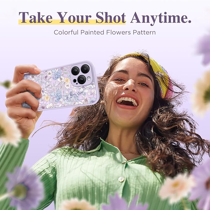 GVIEWIN for iPhone 16 Pro Max Case Compatible with MagSafe, [Military Grade Protection] [Screen Protector] Full Camera Protection Floral Translucent Women Magnetic Phone Case, Apricot Blossom/Purple