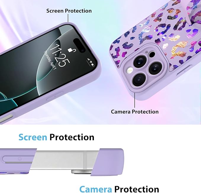 KANGHAR Compatible with iPhone 16 Pro Max Case, Support for MagSafe, Silicone Cute Iridescent Leopard Cheetah Pattern, Wristband Kickstand Shockproof Protective Slim Cover for Women Girls, Purple