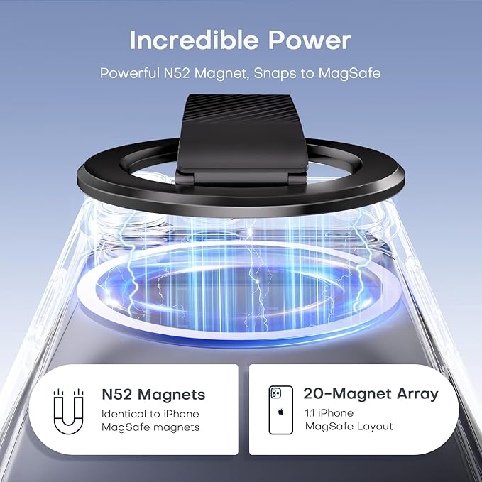 SINCEHOLY for MagSafe Phone Grip Ring, Magnetic Phone Holder with Silicone Finger Strap, 360° Rotating Dual-Axis Kickstand, N52 Magnetic Phone Stand Grip for Mag Safe iPhone 17/16/15/14/13/12, Black