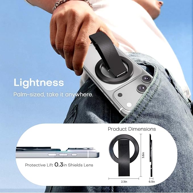 SINCEHOLY for MagSafe Phone Grip Ring, Magnetic Phone Holder with Silicone Finger Strap, 360° Rotating Dual-Axis Kickstand, N52 Magnetic Phone Stand Grip for Mag Safe iPhone 17/16/15/14/13/12, Black