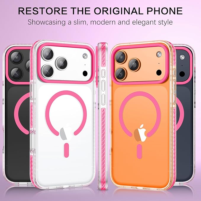 BENTOBEN Magnetic for iPhone 17 Pro 6.3" Case, Compatible with Magsafe Military Shockproof Protective Cute Transparent Slim Anti-Yellowing Phone Case for iPhone 17 Pro Cover, Clear Hot Pink