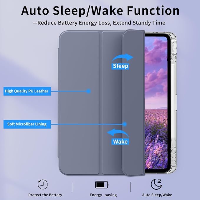 Clear Case for iPad Pro 12.9 inch 6th/5th/4th/3rd Gen with Pencil Holder [Support Pencil Charging] Auto Wake/Sleep, Lightweight Shockproof Trifold Stand Transparent Hard PC Back Cover, Purple-2