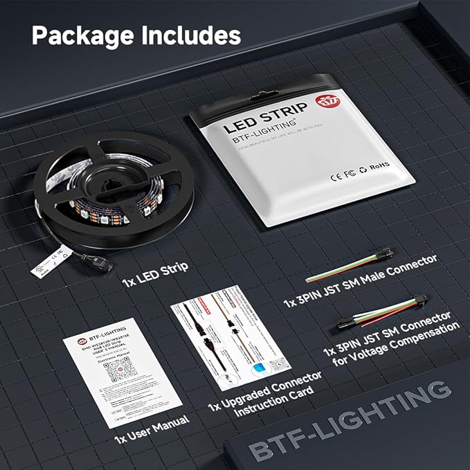 BTF-LIGHTING WS2812B IC RGB LED Strip,UL Listed,Pure Gold Wires,DC5V 3.28FT 60LED 5050SMD,Individually Addressable,Flexible for DIY Chasing Full Color Project,3M Tape,IP30(No Adapter or Controller)