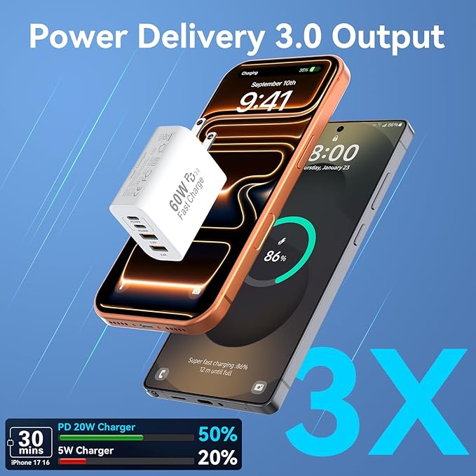 USB C Charger Block, 2Pack 60W 4 Ports Type C Fast Phone Charging Cubes PD USBC Wall Plug+QC 3.0 USB A Charger Head Power Brick Box for iPhone 16/15/14/13/12/11 Pro Max, Samsung Galaxy, Pixel