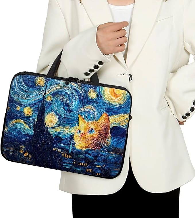 13 Inch Starry Night Cat Laptop Sleeve Tablet Protector Case with Handle, Men Women Zipper Computer Bag Carrying Case Notebook Cover Messenger Briefcase for Travel/Office/Work