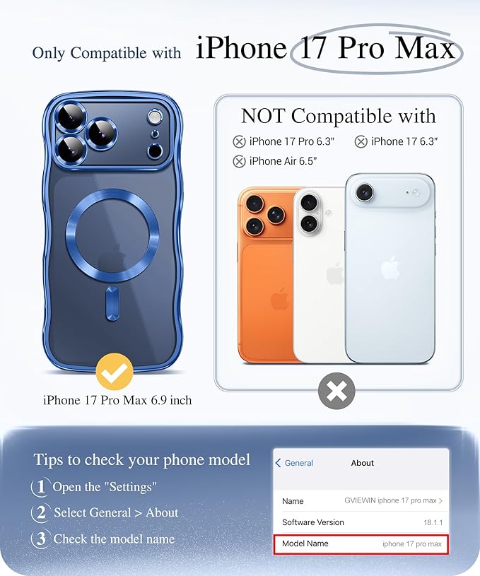 GVIEWIN for iPhone 17 Pro Max Case Compatible with MagSafe, Upgraded [Full Camera Protection][Cute Wave Frame][Military Grade Protection] Electroplated Hard Phone Cover for Women Girl, Clear/Blue