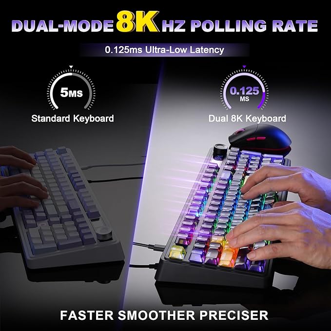 AJAZZ AK980 V2 Pro Wireless Mechanical Keyboard, 10000mAh Battery & Dual 8000Hz Polling Rate,Tri-Mode Gaming Keyboard with Smart Display/Knob, Hot Swappable for Win/Mac (Purple,Lychee Switch)