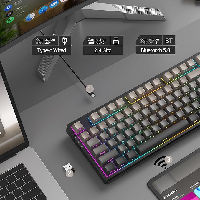 MageGee LIGHT87 Wireless Creamy Keyboard, Gasket Structure, RGB Backlit, 2.4G/USB-C/BT5.0 Hot Swappable Mechanical Gaming Keyboard for Win/Mac/PC, 8000mAh Battery, Side Printed PBT Keycaps, Black
