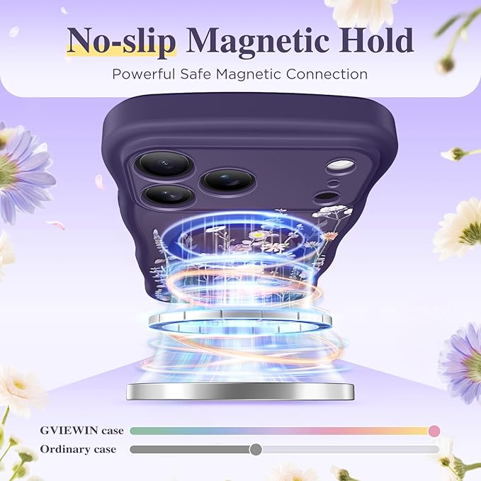 GVIEWIN for iPhone 17 Pro Max Case Compatible with MagSafe [Curly Wave Edge][Full Camera Protection] Floral Translucent Shockproof Magnetic Women Phone Case for 17 Pro Max, Floratopia/Deep Purple