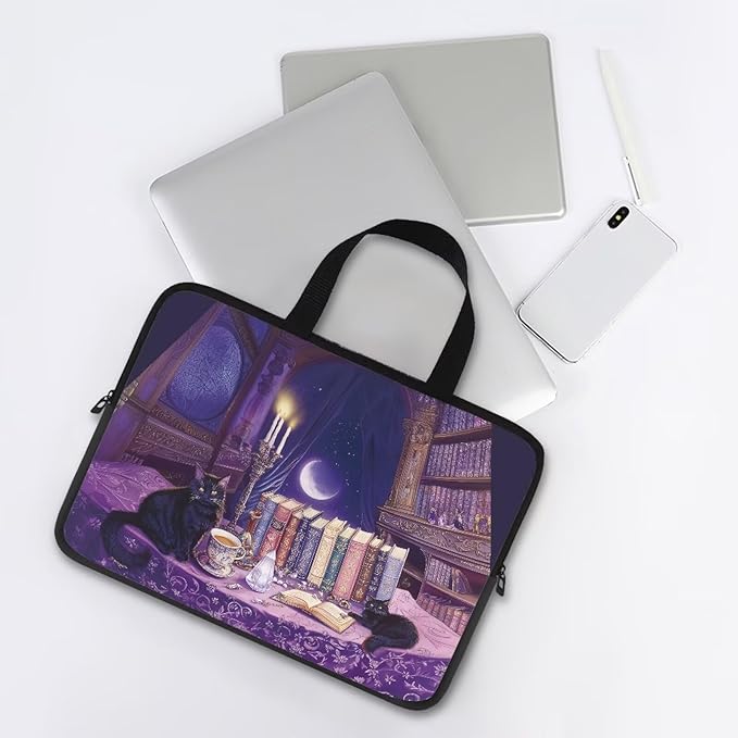 Purple Library Laptop Sleeve Case for Women Men 10 Inch Laptop Protector with Multiple Uses Portable Computer Sleeve Kawaii Cat Tablet Bag Laptop Carrying Case Gifts for Girls