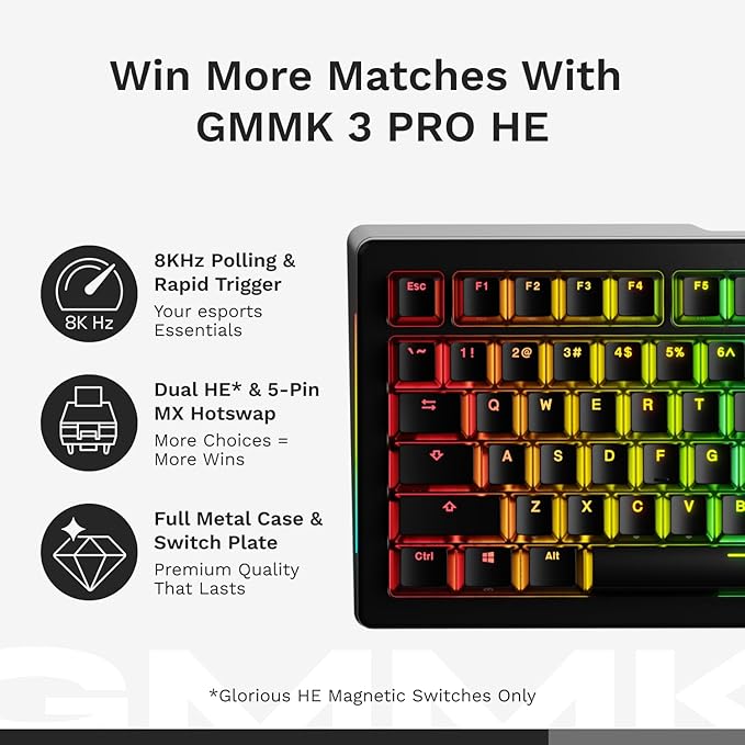 GLORIOUS Gaming - GMMK 3 PRO HE: Wireless Gaming Keyboard Rapid Trigger, Hall Effect, Aluminum Body, 8K Polling Rate, Hotswap MX & Magnetic Switches, Adjustable Actuation, ANSI 75% Tenkeyless (Black)
