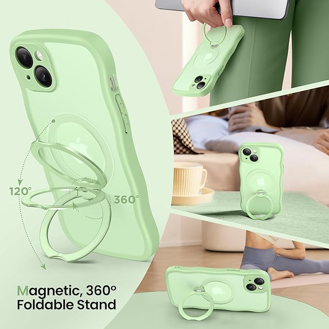 CAPRARO for iPhone 15 Case with 360° Spin Magnetic Stand for Women, [Compatible with MagSafe] [Full Camera Protection] Cute Wave Translucent Matte Case for iPhone 15, Light Green