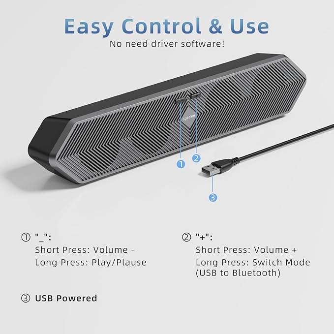 PC Speaker for Computer, Wired USB Powered Bluetooth Computer Speakers with Stereo Clear Sound, Gaming Speakers Sound Bar for Computer Desktop PC Laptop Monitor, Bluetooth & USB Input Black