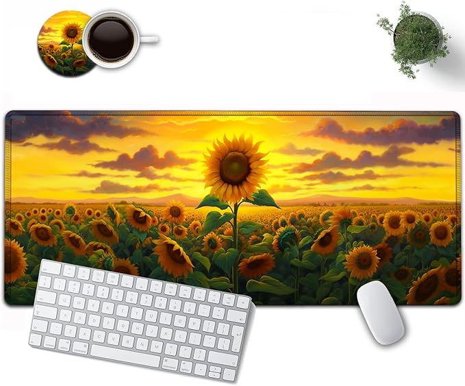 Large Mouse Pad, 31.5 x 11.8in Extended Gaming Mouse Pad with Stitched Edges, XXL Mousepad Protector Non Slip Rubber Base for Office and Home Writing Mat, Sunflower Field Pattern Desk Mat