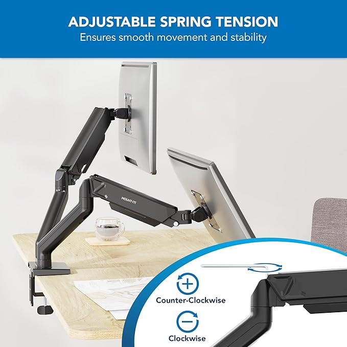 Mount-It! Dual Monitor Mount, Full Motion Spring Arms, Fits 17–32″ Screens up to 19.8 lbs Each, VESA 75x75 & 100x100, Tilt/Swivel/Rotate, Clamp or Grommet Dual Monitor Desk Mount