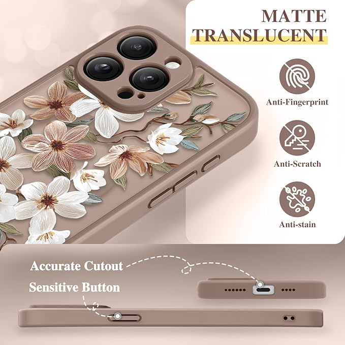 GVIEWIN for iPhone 15 Pro Max Case Compatible with MagSafe, [Military Grade Protection] [Screen Protector] Full Camera Protection Floral Translucent Women Magnetic Phone Case, Dogwood/Brown