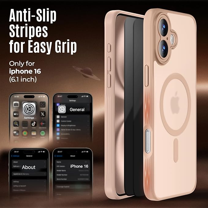 Symcele Designed for iPhone 16 Case, Compatible with MagSafe, with Privacy Screen Protectors X2, [Camera Protection] [15FT Military Drop Protection] Shockproof Phone Case, 6.1", Light Brown