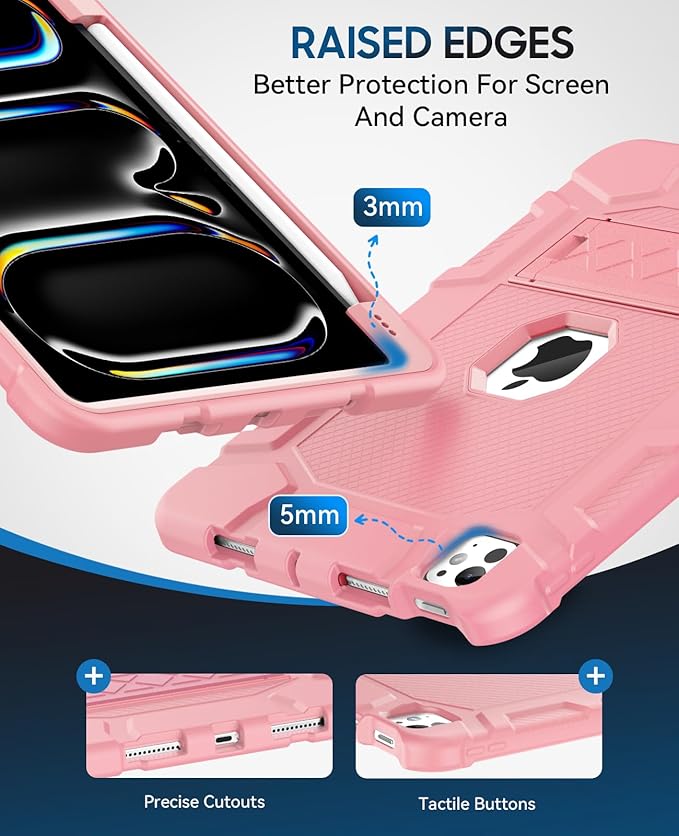 Case for iPad Pro 11 Inch Case (M5 2025/ M4 2024) with Pencil Holder, Built-in Stand, Military Grade Shockproof Protective Cover for iPad Pro 11" (Rose Gold)