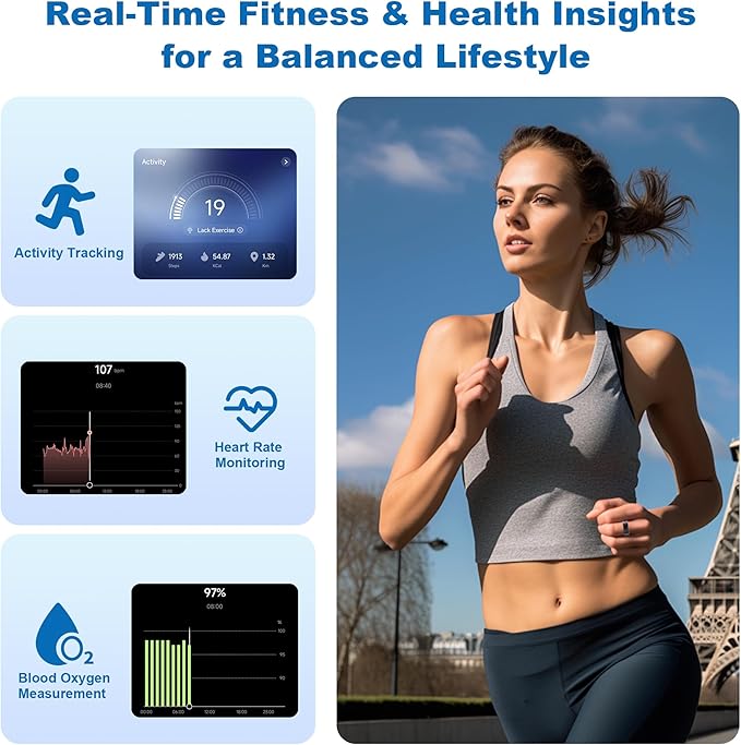 Smart Ring for Women Men, Titanium Fitness Ring with Heart Rate, Stress & Sleep Monitoring,Step & Calorie Counter, 5ATM Waterproof for iPhone and Android,No Subscription Fee (Black, 11)