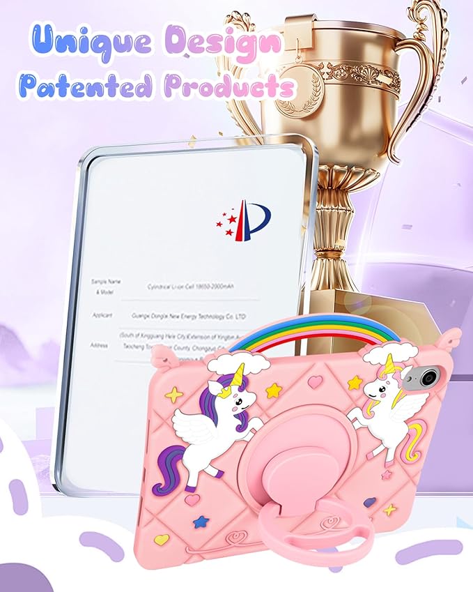 Uppuppy for iPad Mini 7 A17 Pro 2024/Mini 6 2021 Case 8.3 Inch - Cute Girls Kawaii Girly 3D Cartoon Teen Case with Rotating Stand & Strap Soft Silicone PK Unicorn Cover for iPad Mini 7th/6th Gen Funda