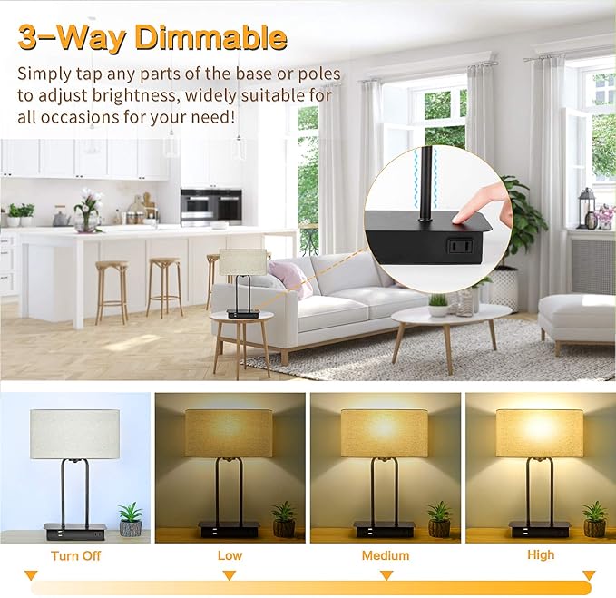 3-Way Dimmable Touch Control Table Lamp with 2 USB Ports and AC Power Outlet Modern Bedside Nightstand Lamp Fabric Shade and Metal Base for Guestroom Bedroom Living Room LED Bulb Included Warm White
