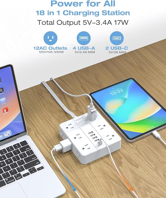 Surge Protector Power Strip - 12 AC Outlets + 6 USB Ports (2 USB-C), 5FT Flat Plug Extension Cord with Multiple Outlets, Wall Mount, White