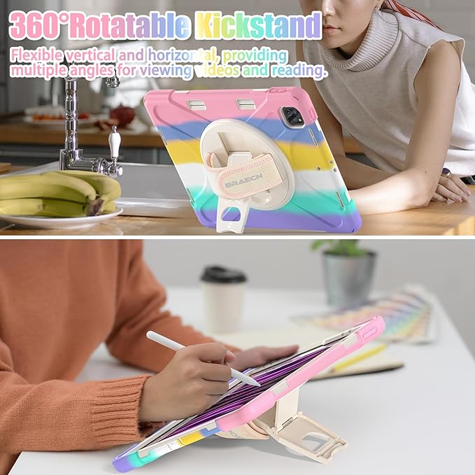 BRAECNstock Kids Case for Apple iPad Air 13 inch (M4/M3/M2)/ iPad Pro 12.9 inch 6th/5th/4th/3rd Gen, Shockproof Protective Case with Pencil Holder, 360° Rotating Hand Strap + Stand, Colorful Pink
