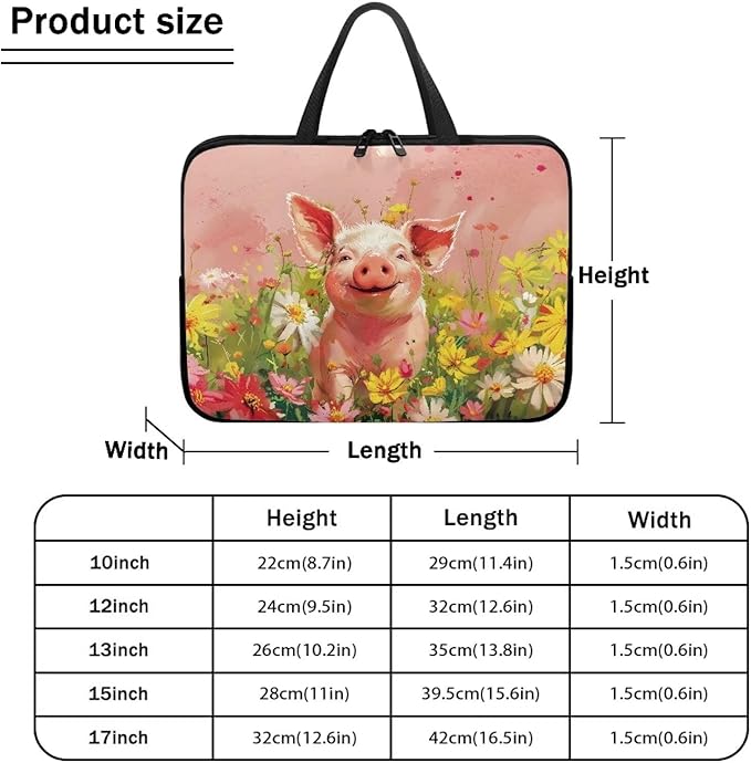 Pink Pig Floral 10 Inch Laptop Sleeve, Cute Computer Bag Tablet Carrying Case Laptop Cover Tote Bags Notebook Sleeves Handbag Messenger Briefcase for Travel/Work/School