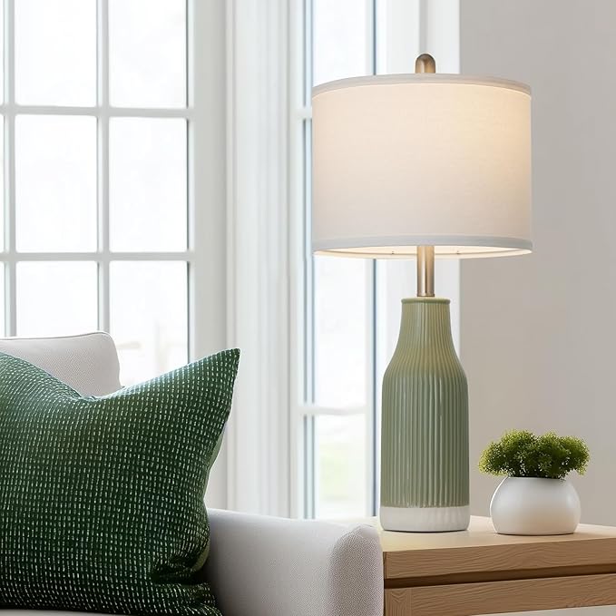 24.5" Ceramic Table Lamps Set of 2 for Bedroom, Sage Green Table Lamps for Living Room End Table, Small Farmhouse Bedside Lamps for Nightstands (2 LED Bulbs Included)