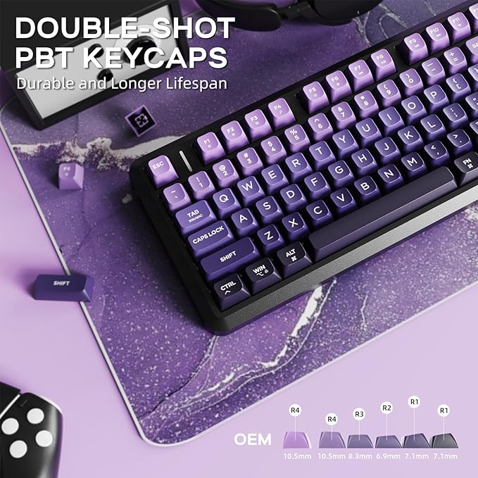 FREEWOLF M75 Wireless Gaming Keyboard Mechanical Feel Membrane with Knob & OLED Display Bluetooth/2.4Ghz Rainbow Backlit Gradient PBT Keycaps 2000mAH Battery Anti-Ghosting-Purple