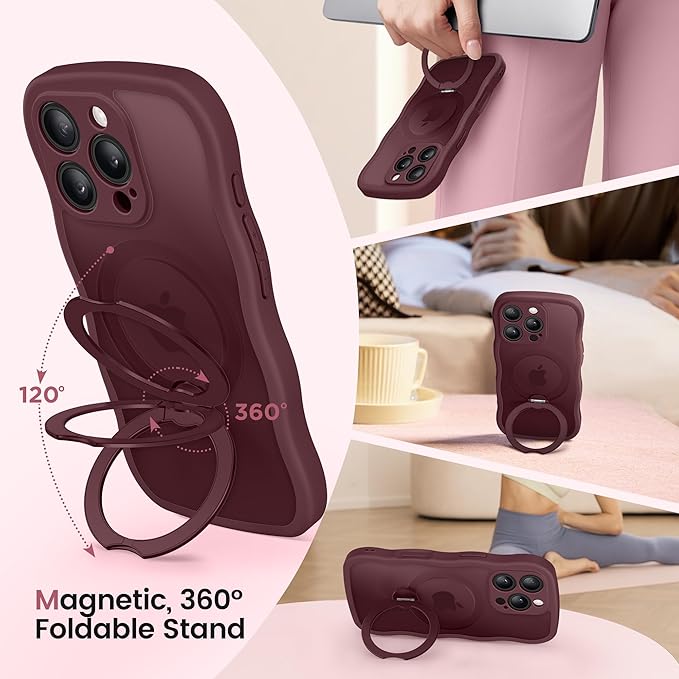 CAPRARO for iPhone 16 Pro Max Case with 360° Spin Magnetic Stand for Women, [Compatible with MagSafe] [Full Camera Protection] Cute Wave Translucent Matte Case for iPhone 16 Pro Max, Wine Red