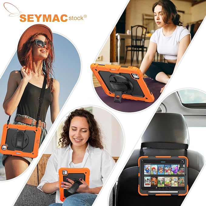 SEYMAC stock Case for iPad Pro 11-inch M5-M4 2025-2024, Shockproof Heavy Duty Case with Screen Protector, Pencil Holder, Rotating Stand, Hand Strap, Shoulder Strap, Orange