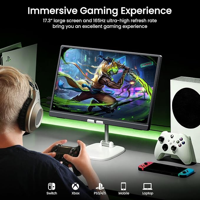 VILVA 17.3'' Portable Monitor 2.5K QHD 165Hz Gaming Display, Ultra-Slim Metal Body, Built-in Stand, USB-C HDMI External Monitor for Laptop, PC, PS5, Xbox, Switch