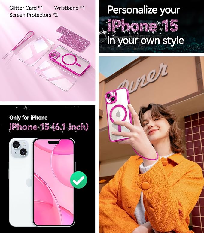 Meifigno for iPhone 15 Case 6.1", [Glitter Card & Wrist Strap] [Compatible with MagSafe] [2X Screen Protectors] Surround Raised Camera Lens Protection for iPhone 15 Case, Hot Pink