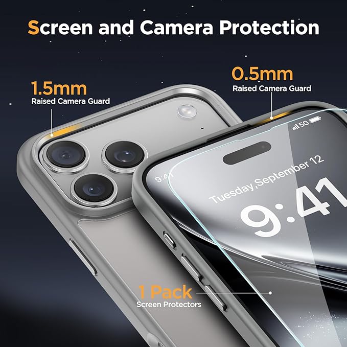 Miracase Magnetic for iPhone 17 Pro Case Armbands 6.3" with Screen Protector, [Compatible with MagSafe] Military-Grade Protection, Anti-Fingerprint, Slim Thin Phone Case for 17 Pro Cover, Gray